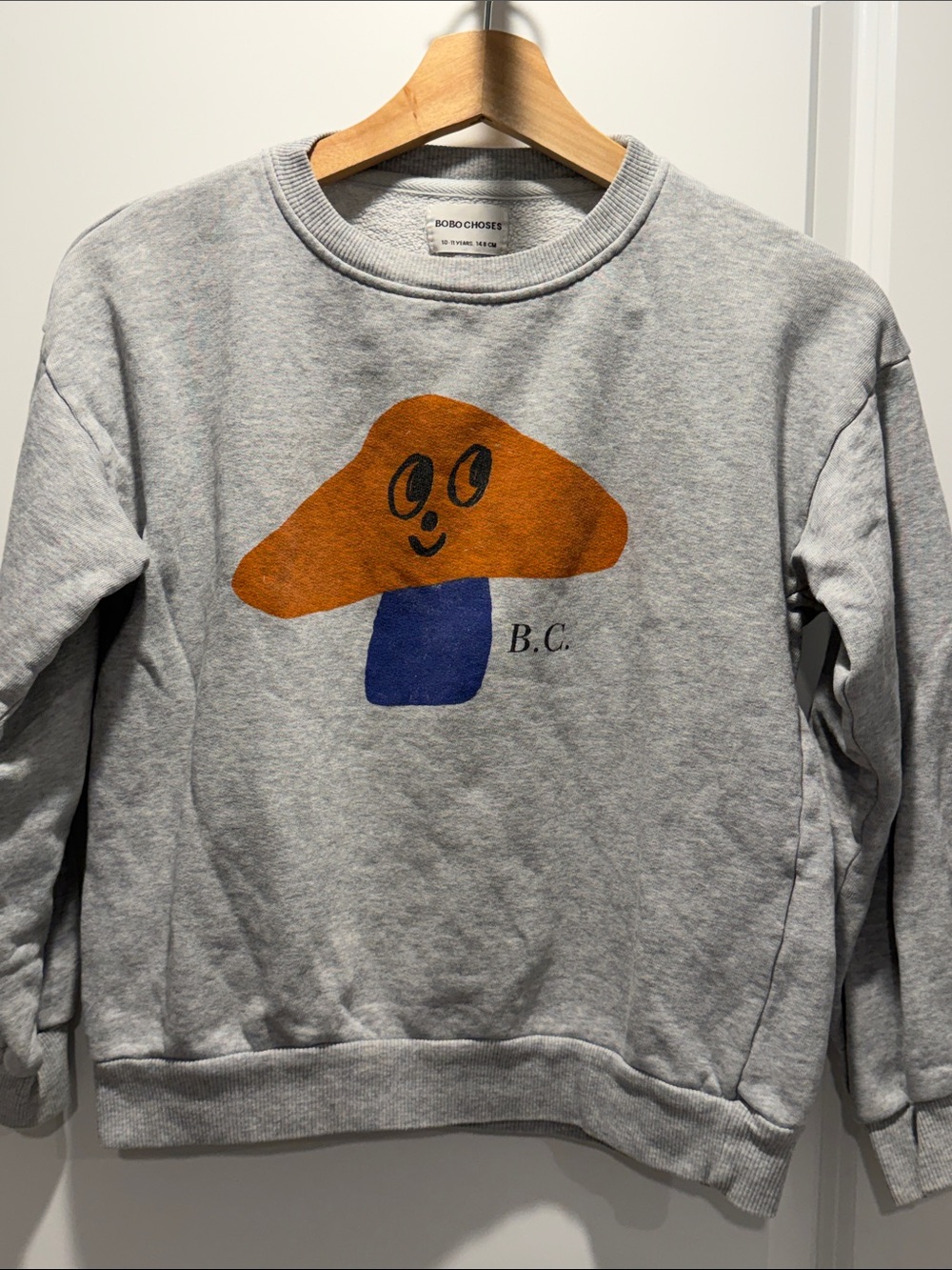 Bobo Choses Grey Crewneck with Orange & Blue Mushroom Graphic